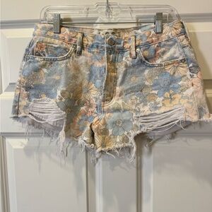 We The Free Floral Distressed Denim Shorts in Pastel Blue & Peach